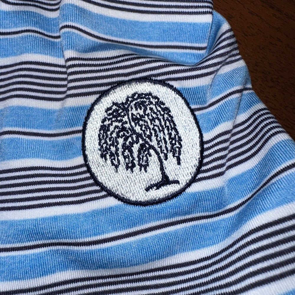 FootJoy Mens Blue Striped Performance Golf Polo Shirt Size M‎ Willow Tree Logo - Picture 5 of 10